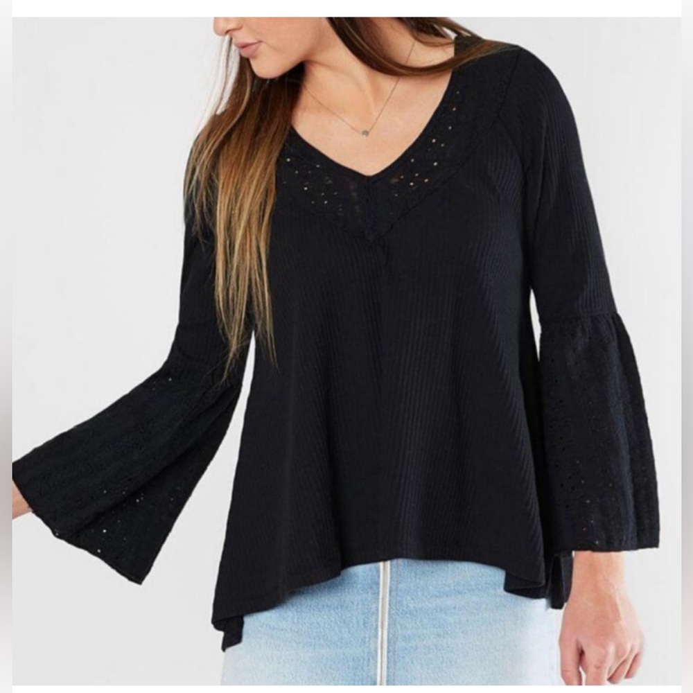 Free People Parisian Nights Thermal Lace Bell Sleeve Top Black Women Size L